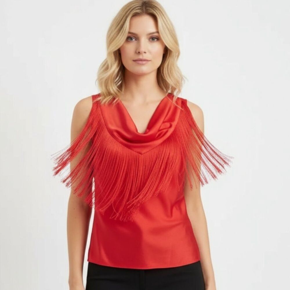 Boston Proper Valentine Red Marilyn Drape Cowl Neck Fringe Trim Top Blouse NEW 8